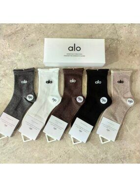 A33- ALO Yoga Women's Rolled Cuff Neutral Half-Crew Socks 5-Pair Box Set - NWT